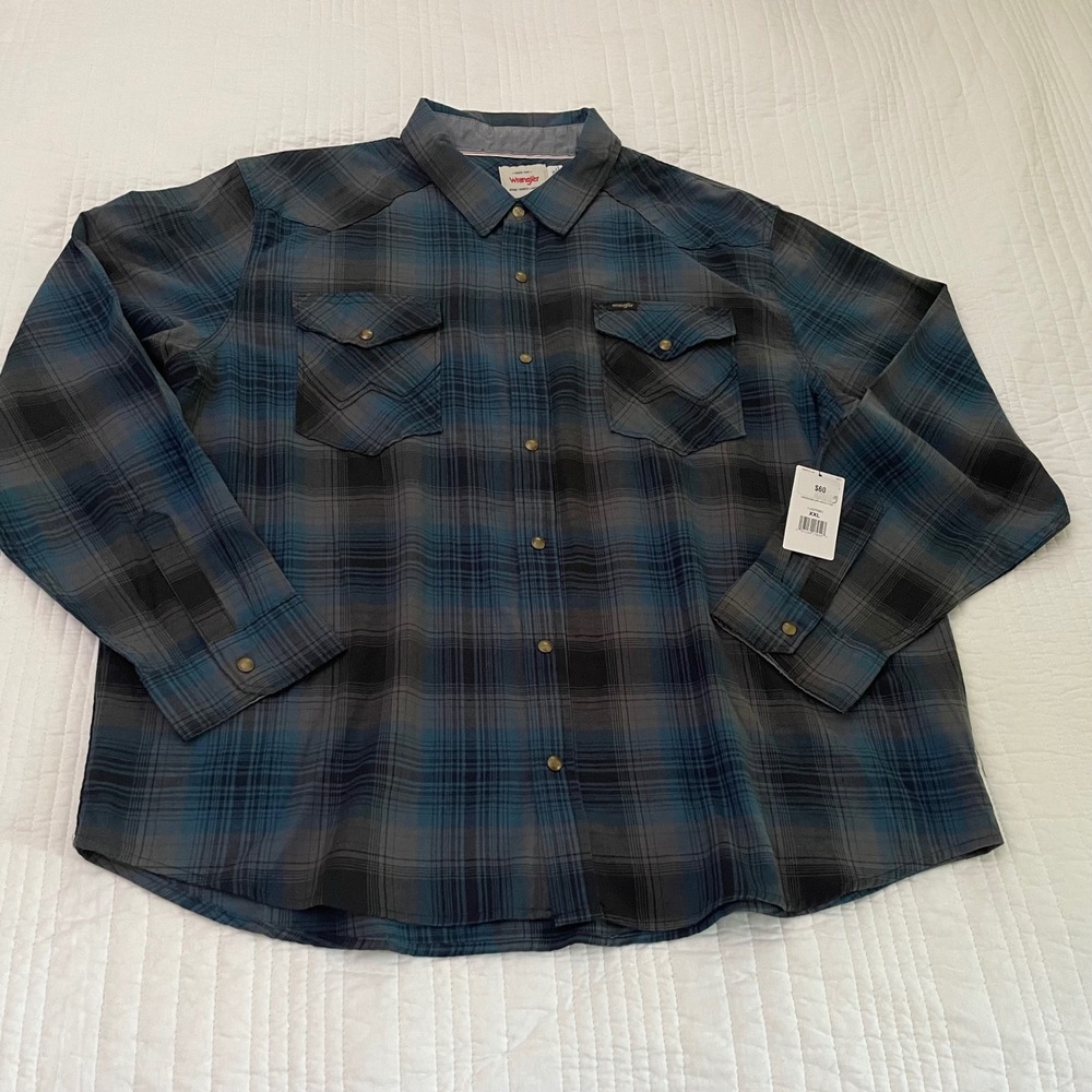 Wrangler Mens Blue Grey Plaid Western Snap Long Sleeve Shirt XXL NWT 112372951